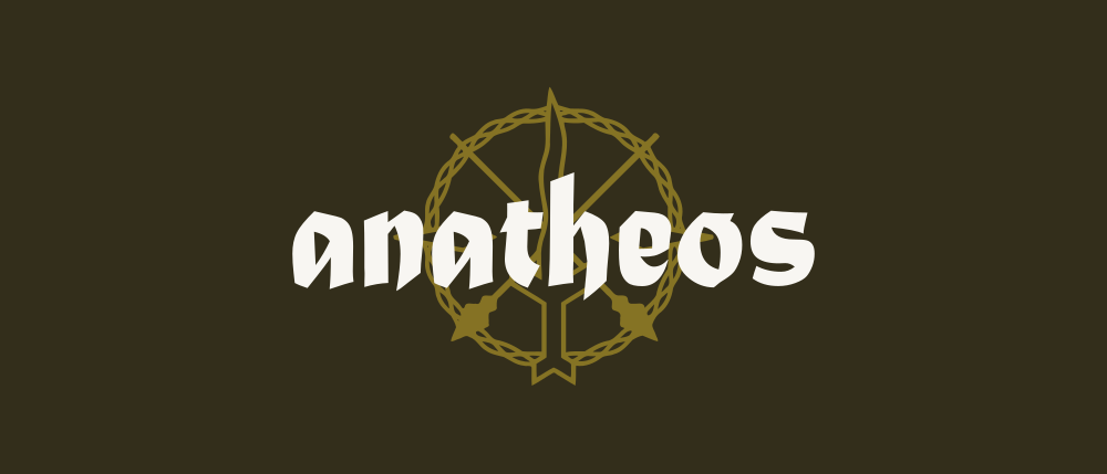 A logo with the text "anatheos" with a minimalist seal emblem behind it.